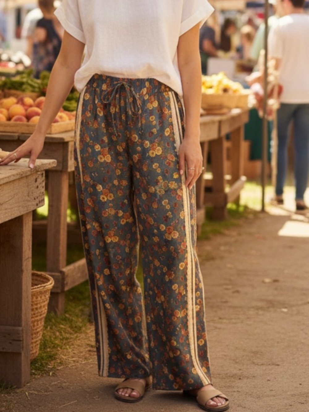 Bibi Floral Print Stretchy Waist pockets Wide Leg Cotton Pants